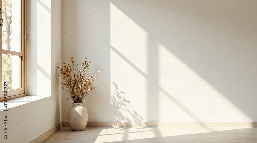 Serene Minimalist Interior Design with Dried Flowers in a Vase, Sunlight Streaming Through a Window onto Light Wooden Floor