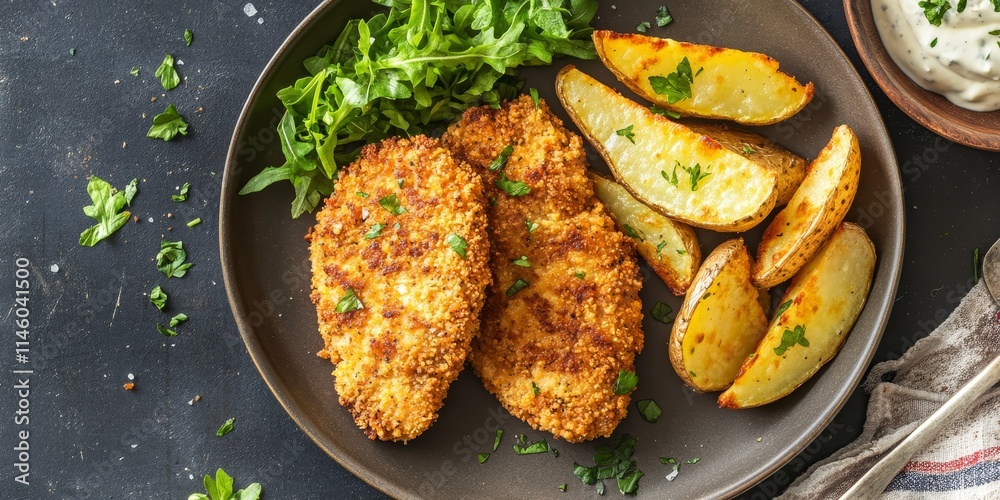 Breaded chicken cutlets served alongside oven roasted potato wedges on a plate, captured from a horizontal view from above in a flat lay format, showcasing the savory breaded chicken cutlets. Breaded chicken cutlets served alongside oven roasted potato wedges on a plate, captured from a horizontal view from above in a flat lay format, showcasing the savory breaded chicken cutlets.
