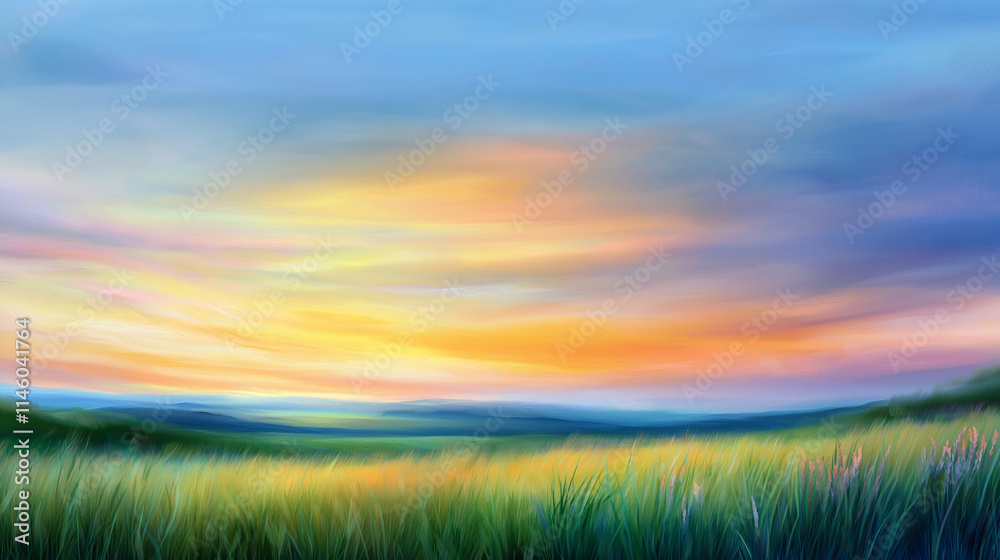 A dreamy meadow glowing under a pastel sky with light clouds , imagine oil painting, impressionist style, landscape, golden hour A dreamy meadow glowing under a pastel sky with light clouds , imagine oil painting, impressionist style, landscape, golden hour