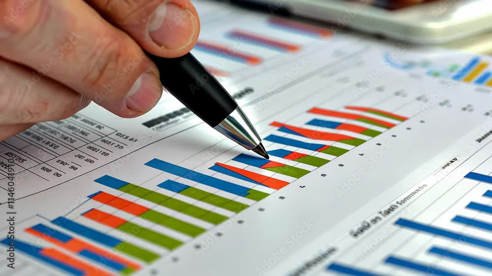 A hand holds a pen, pointing at colorful bar graphs printed on paper, surrounded by data tables and a smartphone in a bright office workspace.