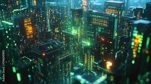 Futuristic Cityscape at Night with Neon Lights and Glowing Skyscrapers Showcasing a High-Tech Urban Environment Full of Life and Activity