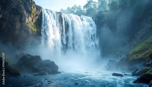 Majestic waterfall cascading into a rocky river  