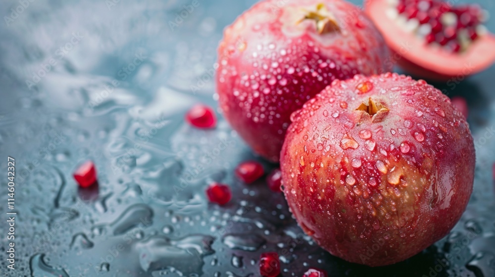 Fresh pomegranate fruit with seeds and water droplets Fresh pomegranate fruit with seeds and water droplets