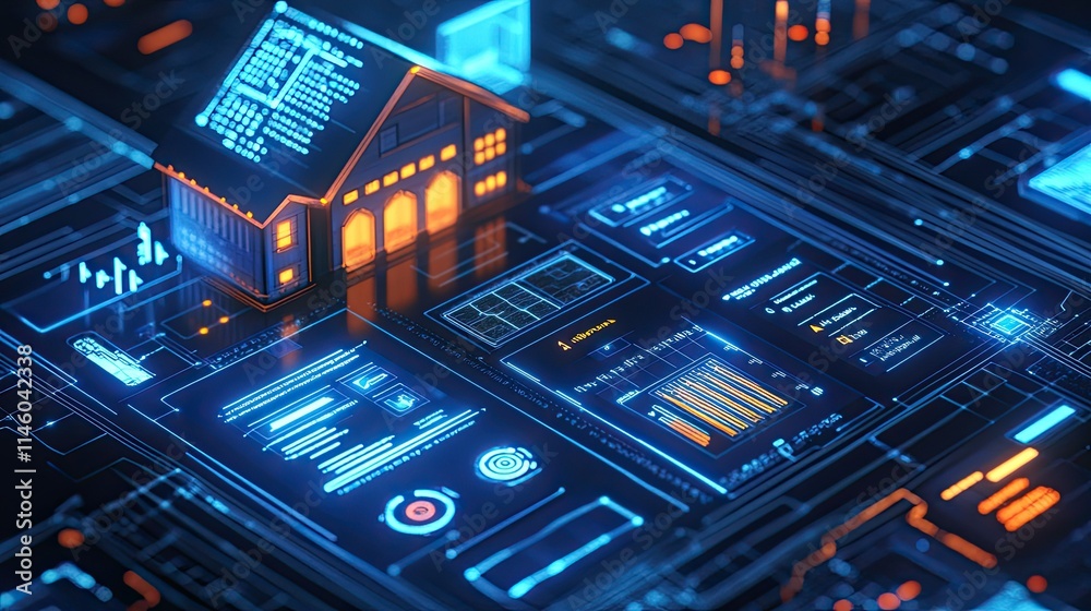 Naklejka premium Futuristic Smart Home Concept with Digital Interface and Technology Overlay Showcasing Modern Living and Home Automation Innovation