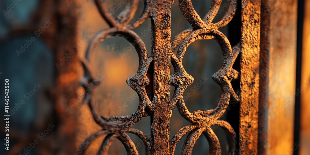 Close up view of rusty window grills, showcasing intricate details, with a defocused background that enhances the focus on the rusty grills and their unique textures. Close up view of rusty window grills, showcasing intricate details, with a defocused background that enhances the focus on the rusty grills and their unique textures.