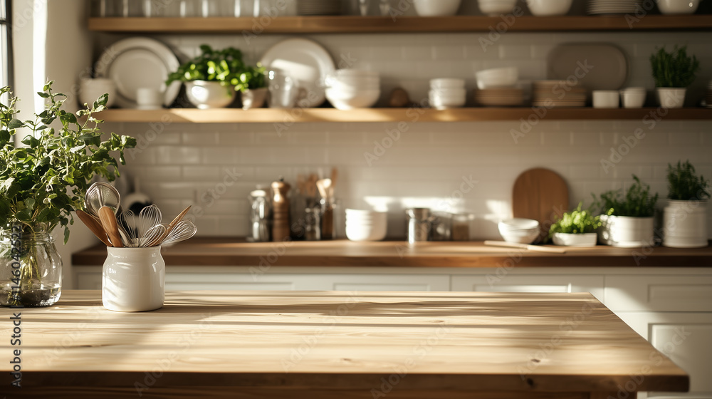 Bright kitchen interior with natural light illuminating wooden countertop and organized shelves filled with cookware and plants