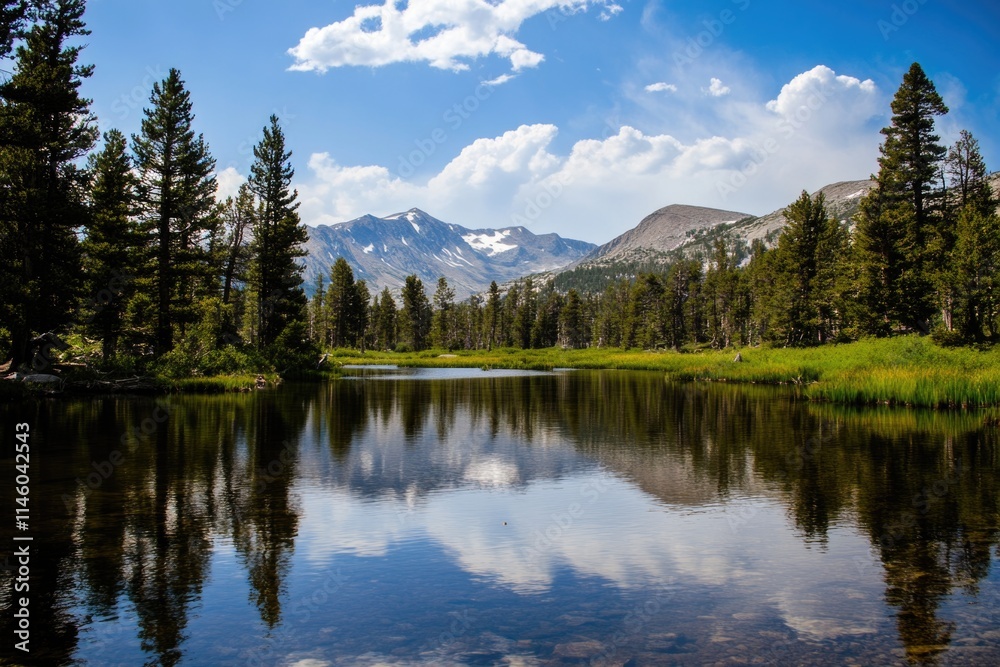 A serene lakeside scene surrounded by dense forest and towering mountains, great for calm backgrounds or nature-inspired designs A serene lakeside scene surrounded by dense forest and towering mountains, great for calm backgrounds or nature-inspired designs