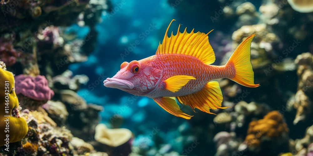 A hogfish gracefully swims around a vibrant tropical reef. Known for its unique behavior, the hogfish often digs in the sand for food, while facing predation largely from humans who enjoy its taste. A hogfish gracefully swims around a vibrant tropical reef. Known for its unique behavior, the hogfish often digs in the sand for food, while facing predation largely from humans who enjoy its taste.
