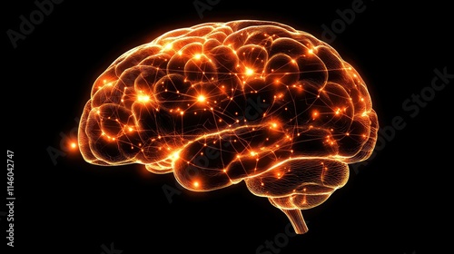 Stunning Abstract Representation of a Human Brain with Glowing Neural Connections Against a Dark Background for Science and Technology Themes