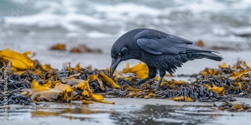 Carrion crow corvus corone searches for shellfish among seaweed on the beach, exhibiting its foraging behavior in a coastal environment while showcasing the carrion crow s adaptability and photo