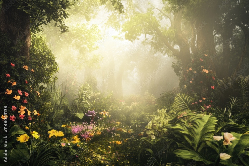 Fototapeta premium A dense and vibrant forest with an abundance of colorful flowers, perfect for outdoor adventures or nature-inspired designs