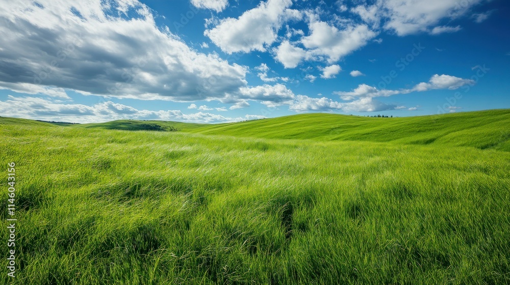 Beautiful green grassland, rolling hills, clear blue sky with white clouds, stunning landscape photography. Beautiful green grassland, rolling hills, clear blue sky with white clouds, stunning landscape photography.