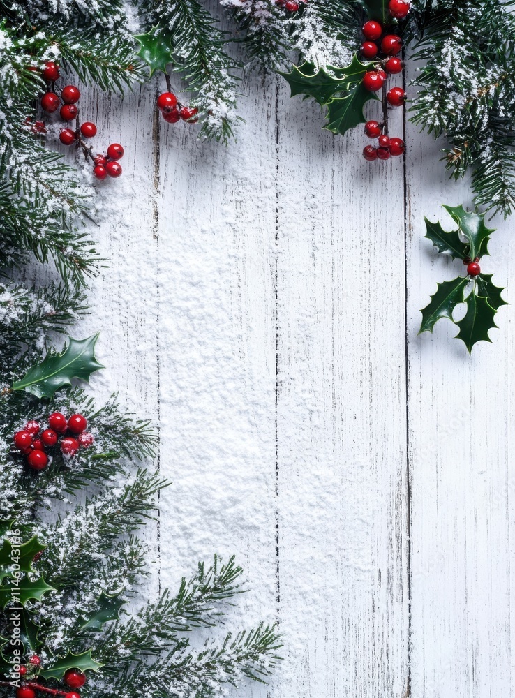 Beautiful Christmas Border with Holly, Red Berries and Snow on Rustic White Wooden Background for Festive Holiday Decorating and Celebration Beautiful Christmas Border with Holly, Red Berries and Snow on Rustic White Wooden Background for Festive Holiday Decorating and Celebration