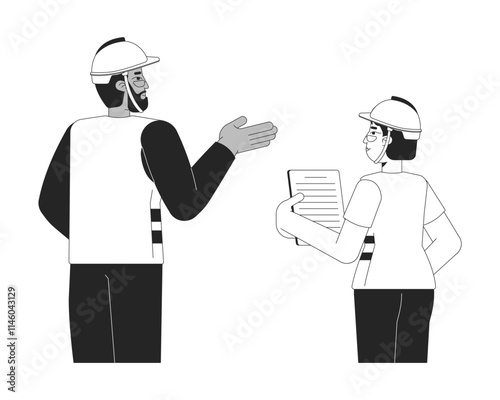 Diverse construction workers discussing black and white 2D line characters. Woman supervisor with clipboard. Contractors in safety gear isolated vector outline people. Monochromatic spot illustration