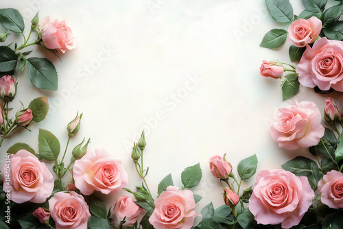 Frame or border of light pink rose flowers, flat lay with copy space perfect for valentine's and romantic love cards from the heart