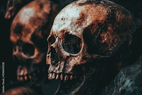 A group of skulls sit atop a pile of rocks, suggesting a senseless violence or a macabre monument photo