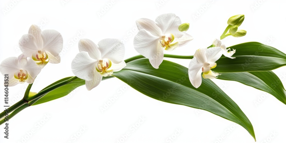 Obraz premium Isolated against a white backdrop, fragile white orchid blossoms accompanied by vibrant green leaves create a striking visual contrast.