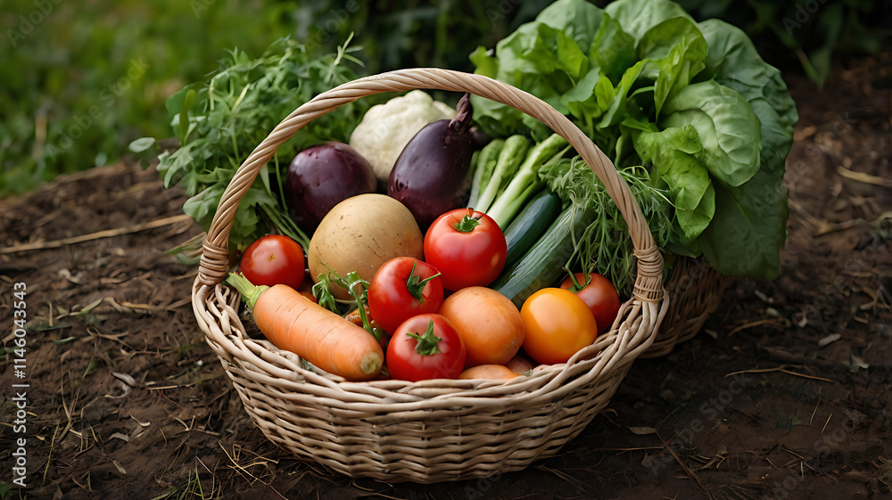 Organic food basket filled with farm-fresh vegetables, fruits, and herbs, farm-to-table essence
Organic food basket filled with farm-fresh vegetables, fruits, and herbs, farm-to-table essence