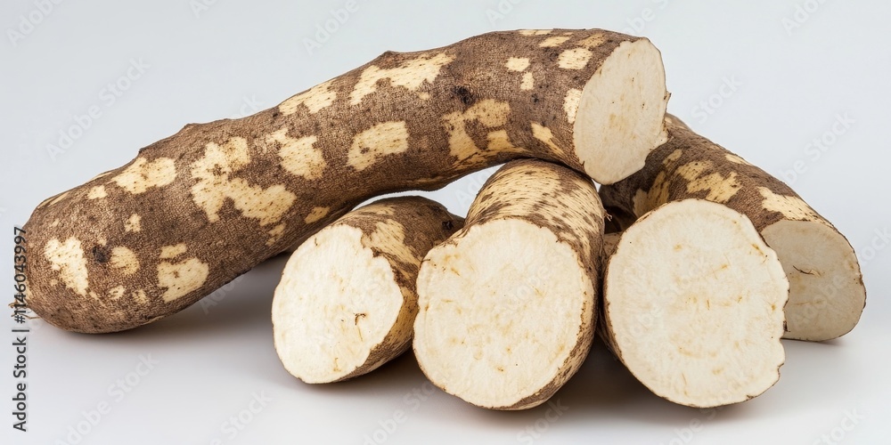 Chinese yam displayed on a white background, highlighting the unique features of Chinese yam in a visually captivating manner. This image emphasizes the quality of Chinese yam. Chinese yam displayed on a white background, highlighting the unique features of Chinese yam in a visually captivating manner. This image emphasizes the quality of Chinese yam.