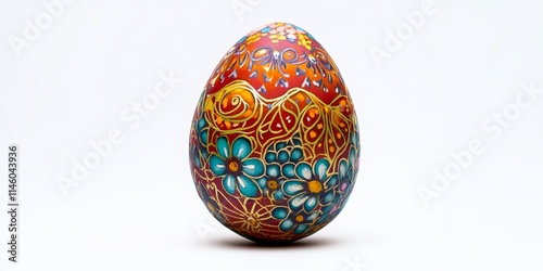 Festive egg displayed against a white background, showcasing vibrant colors and intricate designs. This festive egg captures the essence of celebration and joy, perfect for holiday themes.