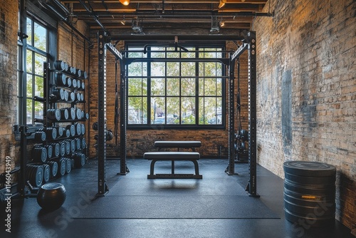 Interior Gym Space, Weightlifting Bench & Olympic Rings, Brick Walls with Daylight, Functional Training Setup