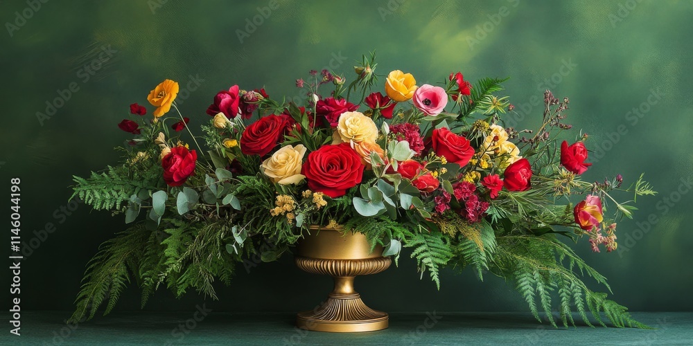 A vibrant bouquet featuring lush fern, red roses, wildflowers, yellow Ranunculus, and a poppy box beautifully arranged in a golden vase against a green backdrop for striking decor. A vibrant bouquet featuring lush fern, red roses, wildflowers, yellow Ranunculus, and a poppy box beautifully arranged in a golden vase against a green backdrop for striking decor.