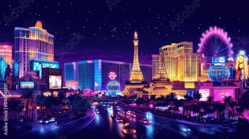 Vibrant Night View of the Las Vegas Strip with Colorful Lights, Iconic Landmarks, and Starry Sky Reflected in the Roads, Capturing the Essence of Entertainment and Excitement