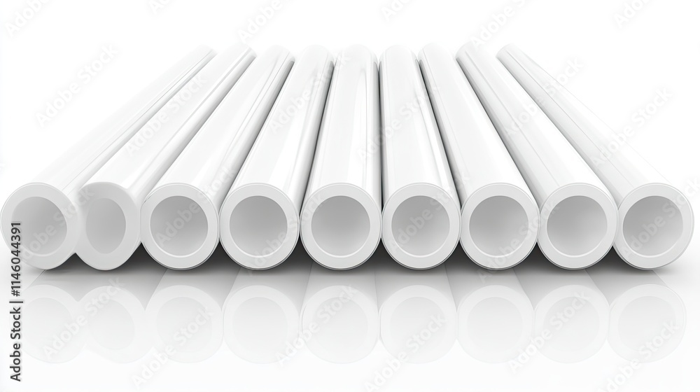 A series of white cylindrical tubes arranged in a line on a reflective surface. A series of white cylindrical tubes arranged in a line on a reflective surface.
