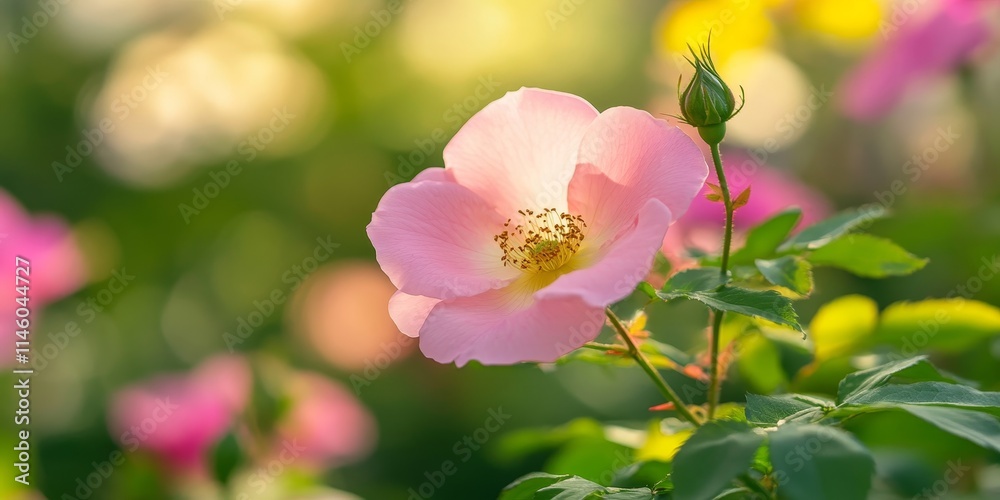 Obraz premium Delicate pink flower blooms in a vibrant garden, showcasing the beauty of nature. This beautiful flower captivates with its sweet fragrance and charming appearance, adding color to any garden setting.