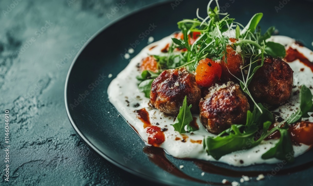 Meatballs with sauce and greens on rustic background Meatballs with sauce and greens on rustic background
