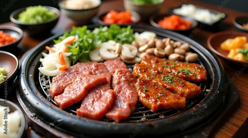 Delicious Grilled Meat and Vegetables on a Korean Style Hot Plate, Generative AI Delicious Grilled Meat and Vegetables on a Korean Style Hot Plate, Generative AI
