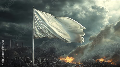 The white flag is a sign of surrender. The army surrenders with a white flag on the background of a destroyed city. Stop war and military attack
