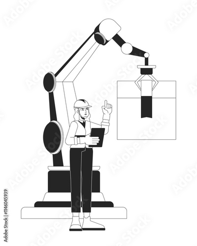 Female engineer supervising robotic packaging arm black and white 2D line character. Industrial automation. Hardhat woman worker robot isolated vector outline person. Monochromatic spot illustration