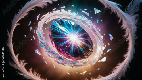 A cracked gemstone emits pulsating rainbow light, surrounded by floating shards. 