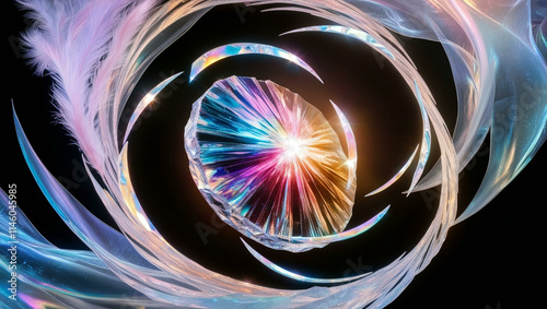A cracked gemstone emits pulsating rainbow light, surrounded by floating shards. 