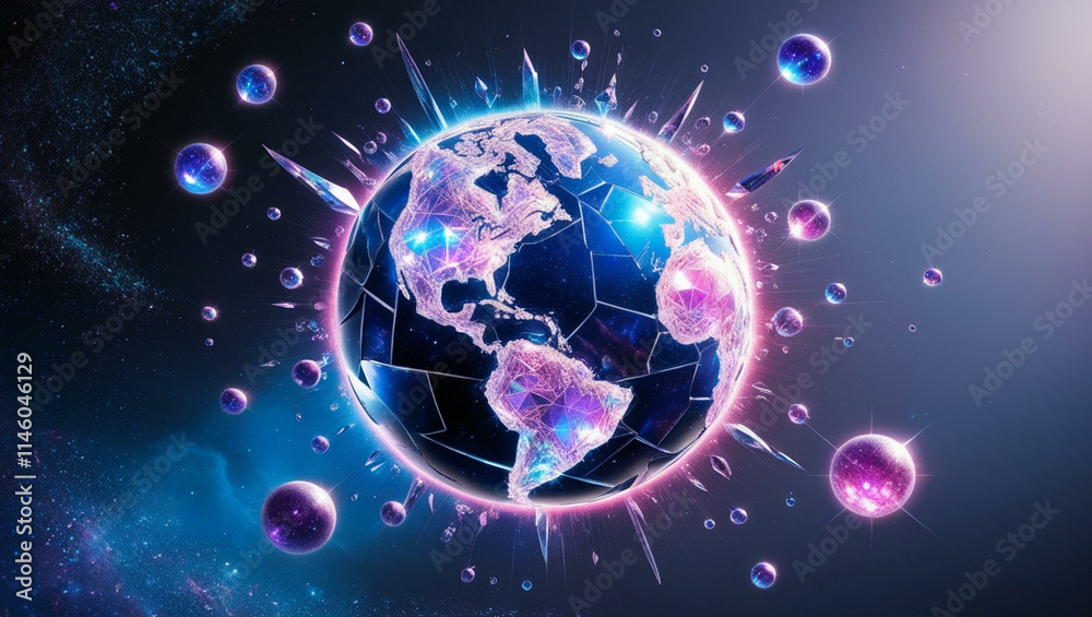 A shattered globe with glowing crystal continents floats in space amidst stars. A shattered globe with glowing crystal continents floats in space amidst stars.