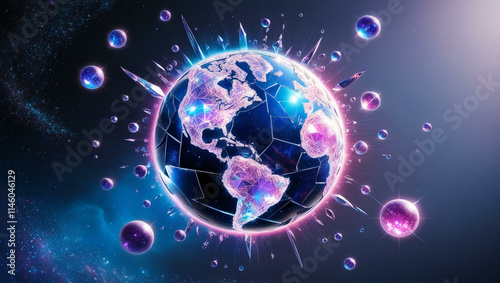 A shattered globe with glowing crystal continents floats in space amidst stars.