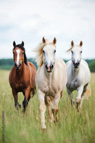 Majestic Horses Galloping Freely Through a Sunny Field of Tall Grass