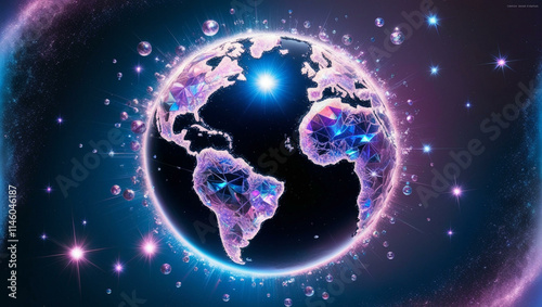 A shattered globe with glowing crystal continents floats in space amidst stars.