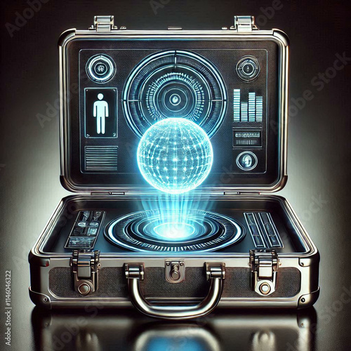 A futuristic briefcase with glowing holographic symbols reveals a suspended orb of light.