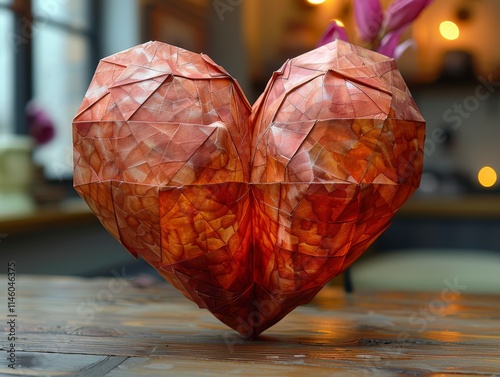 Detailed Heart-Shaped Origami Creation on Wooden Table Background photo