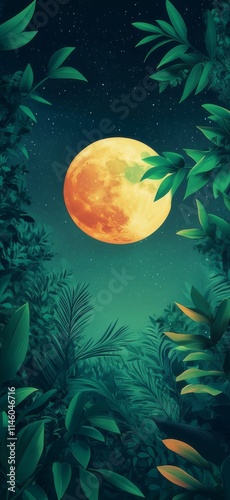 Lush Jungle Under a Full Moon Wallpaper