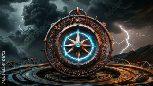 A steampunk-inspired compass with glowing runes glows vividly against rolling storm clouds.