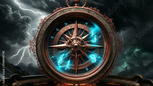 A steampunk-inspired compass with glowing runes glows vividly against rolling storm clouds.