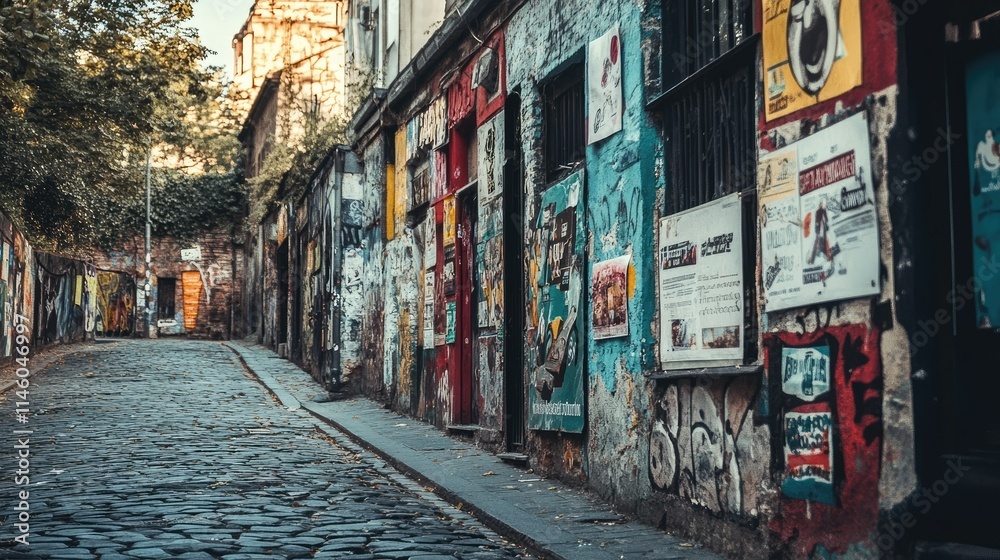 Fototapeta premium Vibrant Urban Street Scene with Colorful Murals and Historic Buildings in a Cobblestone Alley in a Lively Artistic District