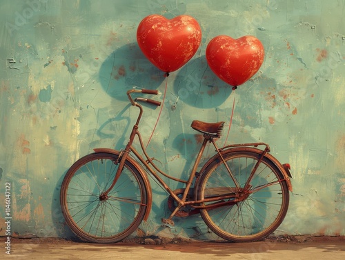 Bicycles with Heart-Shaped Balloons Against a Vintage Backdrop