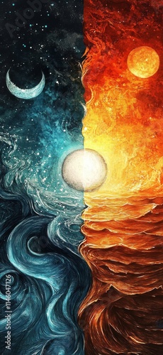 Abstract Art: Sun, Moon, and Sea in Balance Wallpaper