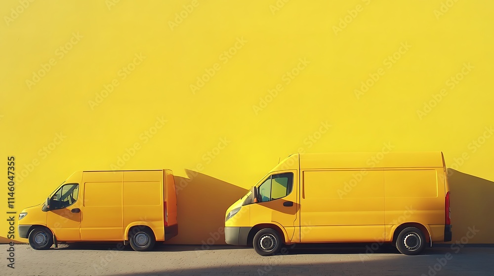 Two yellow delivery vans parked against bright wall photo wide shot. AI Generated Two yellow delivery vans parked against bright wall photo wide shot. AI Generated