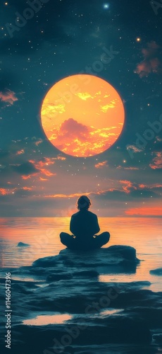 Man Meditating Under a Giant Full Moon Wallpaper