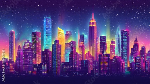 Vibrant Nighttime Cityscape with Neon Lights and Starry Sky Over a Modern Urban Skyline in a Futuristic Style